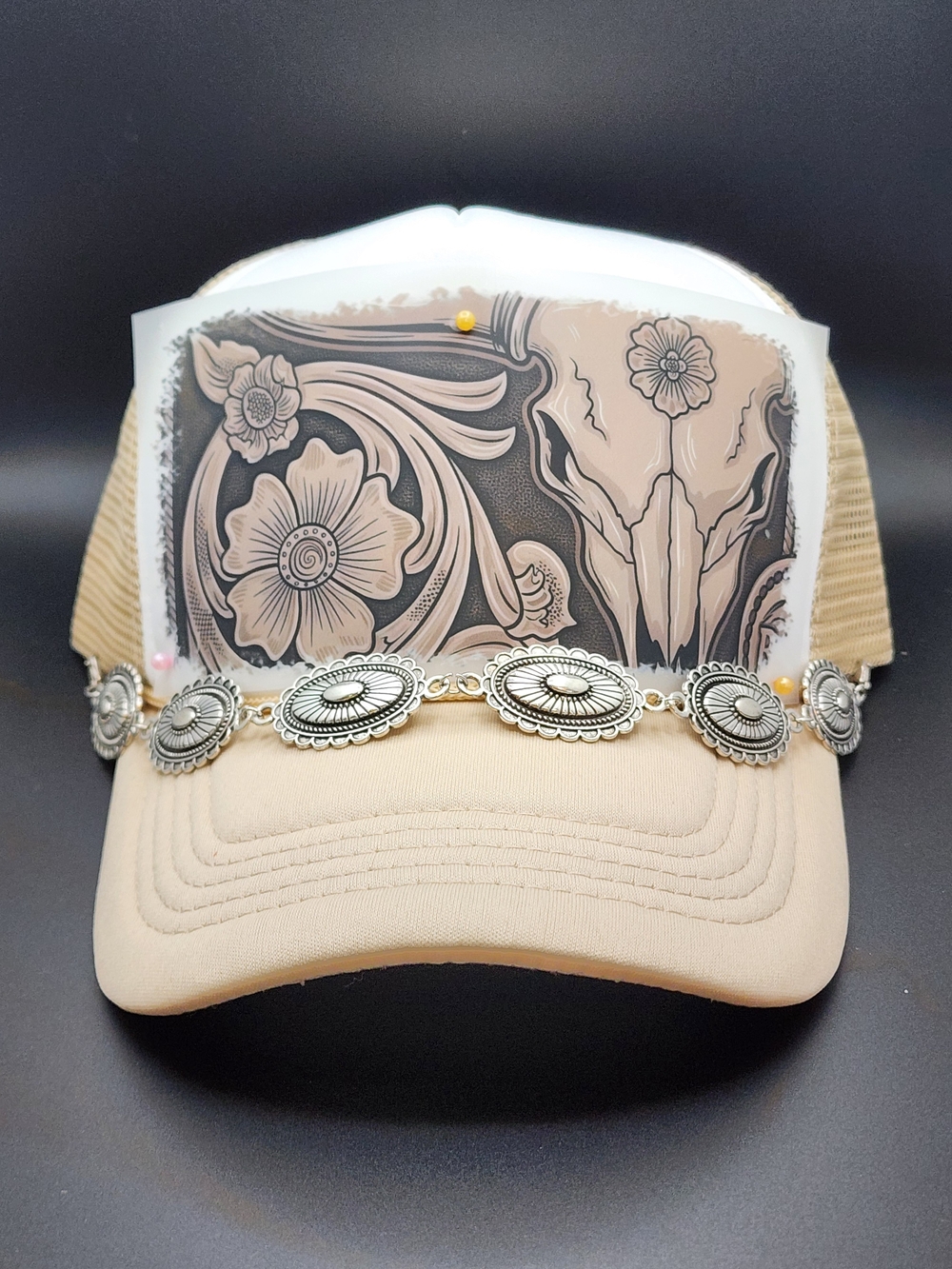 Beige Floral Patch Trucker Hat with Silver Concho Band